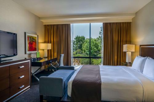 洛杉矶洛杉矶市中心希尔顿逸林酒店的酒店客房配有一张床、一张书桌和一台电视。