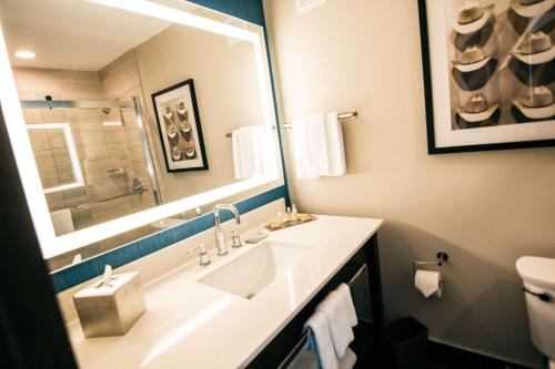 拉伯克Doubletree By Hilton Lubbock - University Area的一间带水槽、镜子和卫生间的浴室
