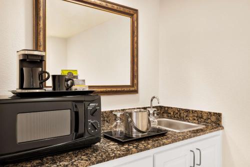 肯纳新奥尔良机场希尔顿逸林酒店的厨房柜台配有微波炉和水槽