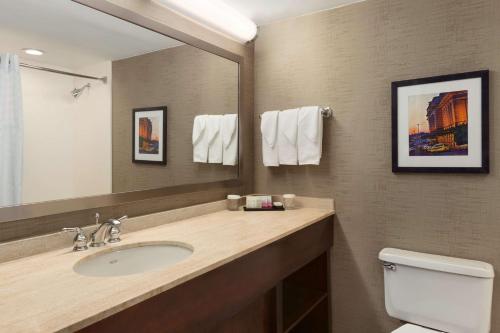 林夕昆高地Embassy Suites by Hilton Baltimore at BWI Airport的一间带水槽、镜子和卫生间的浴室