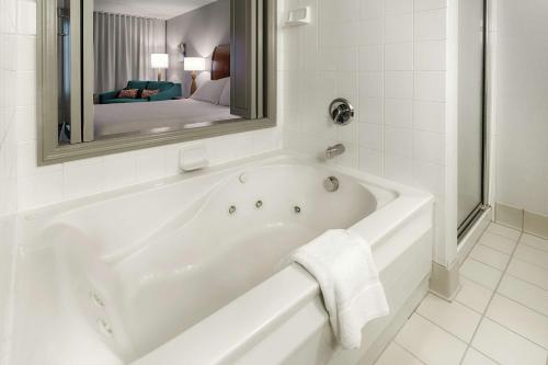 特温斯堡克利夫兰/特温斯堡希尔顿花园酒店的浴室设有白色浴缸及镜子