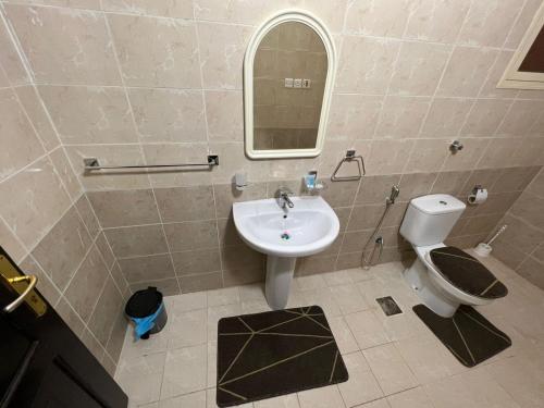 麦地那شقق الفتح الخاصة Al-Fateh Private Apartments的一间带水槽、卫生间和镜子的浴室