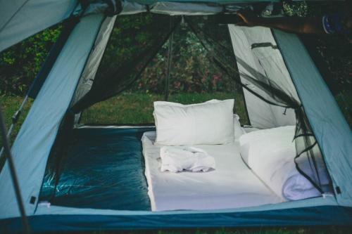 ShiriShose Campsite的帐篷内的一张床位,配有两个枕头