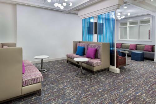 布法罗水牛城市中心汉普顿套房酒店的一间配有沙发、桌子和紫色枕头的等候室