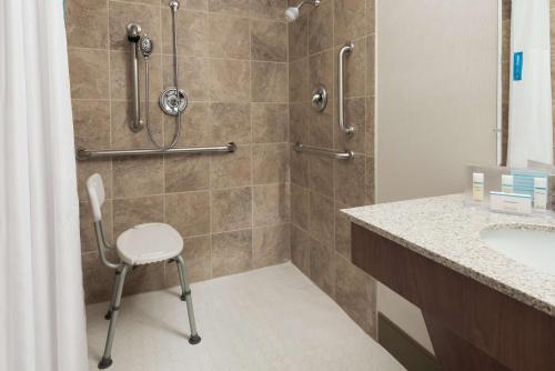丹伯里丹伯里汉普顿酒店的浴室内配有淋浴和椅子