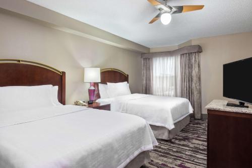 奥兰多奥兰多UCF区希尔顿惠庭套房酒店的酒店客房设有两张床和一台平面电视。