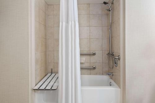 霍利奥克霍利奥克斯普林菲尔德/北希尔顿惠庭套房酒店的带浴缸和淋浴帘的浴室
