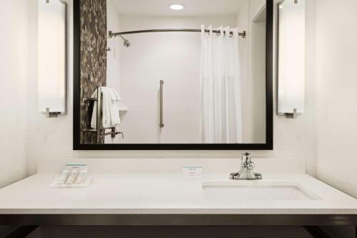 夏洛特夏洛特南园希尔顿花园酒店的白色的浴室设有水槽和镜子