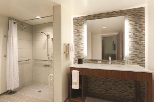 匹兹堡顿匹兹堡中心希尔顿惠庭套房酒店的一间带水槽、淋浴和镜子的浴室