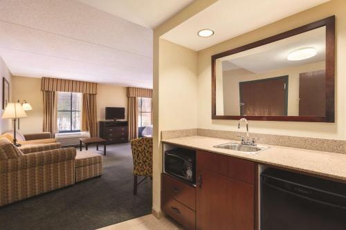 乔治湖乔治湖汉普顿套房酒店的酒店客房设有水槽和客厅。