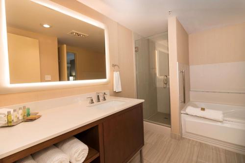 斯波坎斯波坎市中心希尔顿逸林酒店的一间带水槽和大镜子的浴室