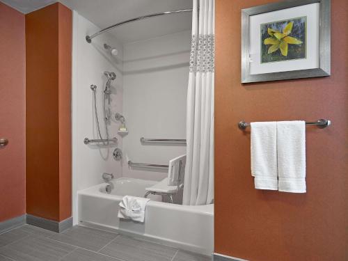 卡尔加里汉普顿希尔顿卡尔加里机场北酒店的浴室配有浴缸、淋浴和毛巾。