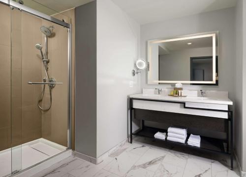 圣何塞圣荷西希尔顿酒店的一间带水槽、淋浴和镜子的浴室