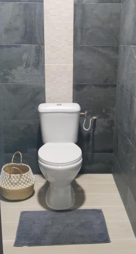 库鲁Villa Gardenia的浴室设有白色卫生间和蓝色地毯。