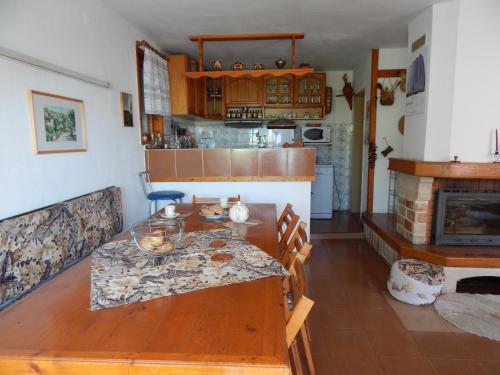 巴尔奇克Villa Snejanka的厨房配有木桌和壁炉。