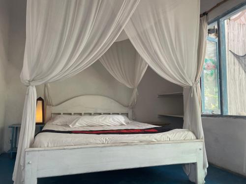 内布拉拉Blu oceano B&B, Italian restaurant的卧室内的一张带白色窗帘的床