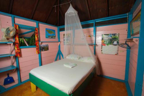 Manchioneal锡安乡村住宿加早餐旅馆的粉红色和蓝色的房间,里面设有一张床