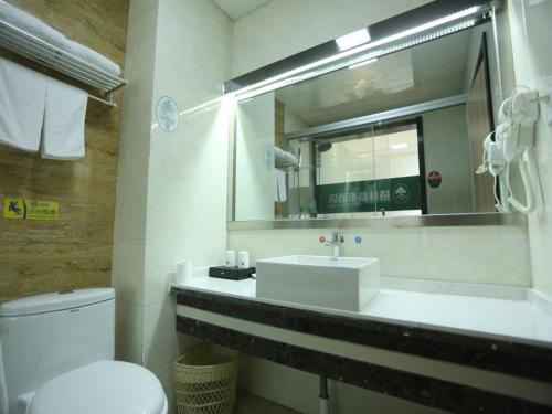 安庆格林豪泰安庆市迎宾东路高铁站客运中心酒店的一间带水槽、卫生间和镜子的浴室