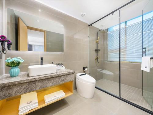 南宁格丽酒店南宁火车东站店的一间带水槽、卫生间和淋浴的浴室