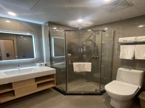 武清格菲天津武清区雍阳西道佛罗伦萨小镇酒店的带淋浴、卫生间和盥洗盆的浴室
