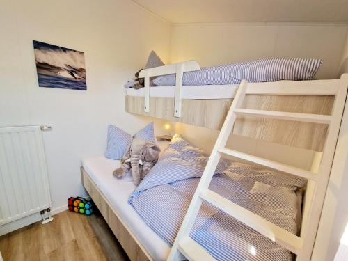 霍尔斯泰因地区诺伊斯塔特Lotse 07的一间卧室设有两张双层床和梯子
