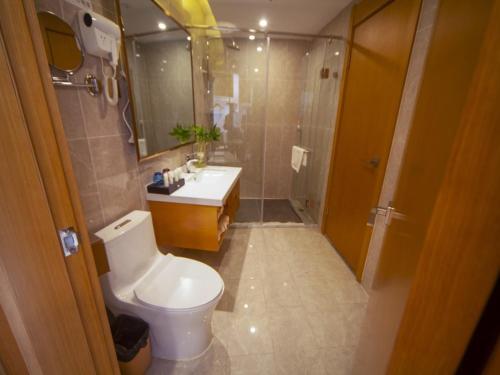 浚县格林东方鹤壁市浚县客运站酒店的浴室配有卫生间、盥洗盆和淋浴。