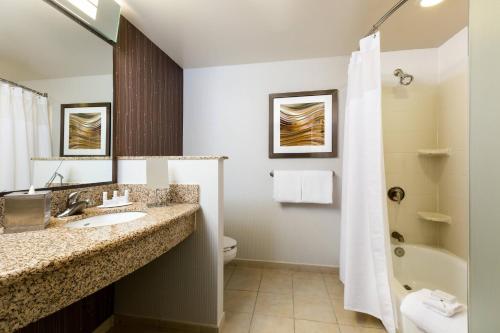 休斯顿休斯顿广场万怡酒店的一间带水槽、浴缸和卫生间的浴室