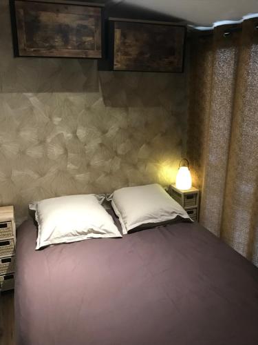 维希Chalet cosy atypique的一间卧室配有一张大床和两个枕头