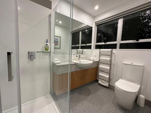 新普利茅斯Plymouth Central City 2 Bedroom Apartments的浴室配有卫生间、盥洗盆和淋浴。