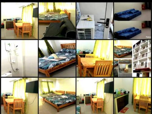 马尼拉Condo Premium Near NAIA T123的一张带床和桌子的房间的照片拼合在一起