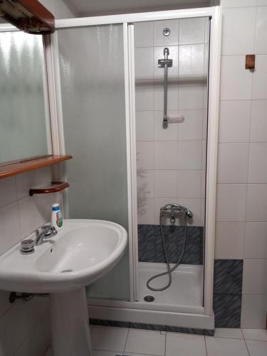 卡普拉科塔LA CASA IN PIAZZA的带淋浴和盥洗盆的浴室