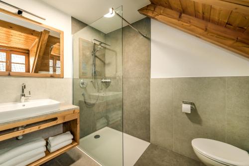 瓦尔道拉Apartments Perfila Falkenauge的带淋浴、卫生间和盥洗盆的浴室