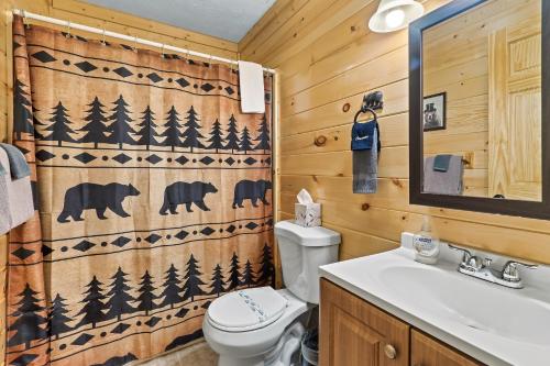 加特林堡The Eagle's Nest Mountain Cabin Gatlinburg的一间带卫生间和淋浴帘的浴室