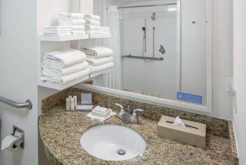 圆石城Hampton Inn Austin Round Rock的浴室配有盥洗盆、镜子和毛巾