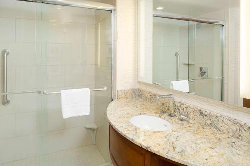 德斯坦Embassy Suites by Hilton Destin Miramar Beach的一间带水槽和淋浴的浴室