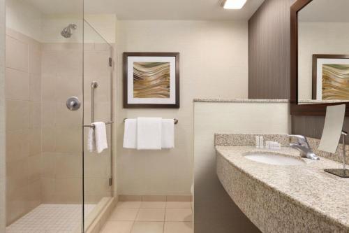 夏洛特夏洛特机场北部万怡酒店的一间带水槽和淋浴的浴室