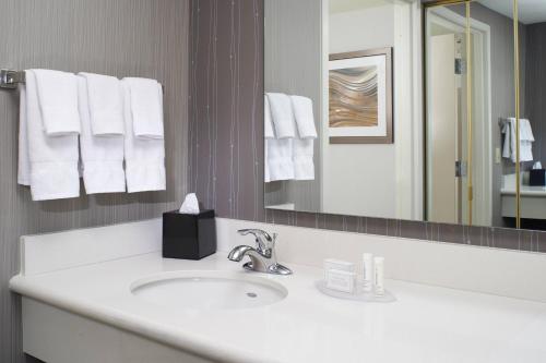 北奥姆斯特德克利夫兰机场北万怡酒店 的浴室配有盥洗盆、镜子和毛巾