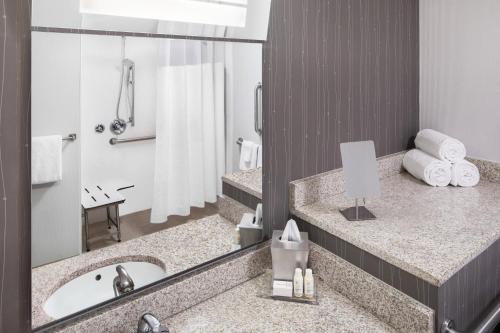 泽西市Courtyard By Marriott Jersey City Newport的带浴缸、水槽和镜子的浴室