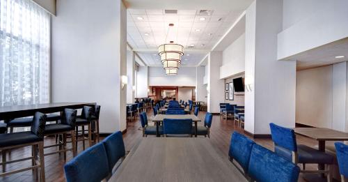 亚历山德里亚亚历山德里亚老城区南希尔顿恒庭旅馆&套房酒店的一间配备有蓝色椅子和桌子的用餐室