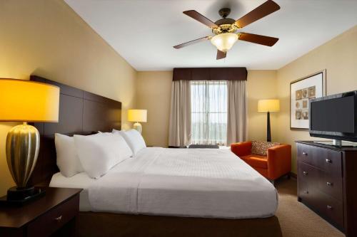 休斯顿休斯敦希尔顿侯牧伍德套房酒店 - 西北/CY-FAIR的酒店客房配有一张床和吊扇。