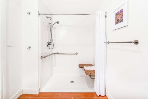 伯利恒伯利恒汉普顿酒店及套房的白色浴室设有淋浴和浴帘