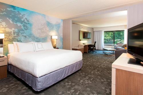 维斯塔宾厄姆顿万怡酒店的配有一张床和一台平面电视的酒店客房
