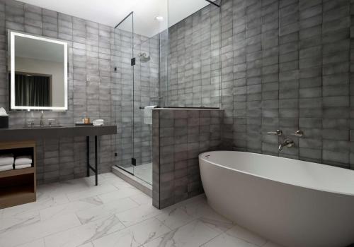 达拉斯达拉斯高地希尔顿古玩收藏酒店的带浴缸、水槽和镜子的浴室