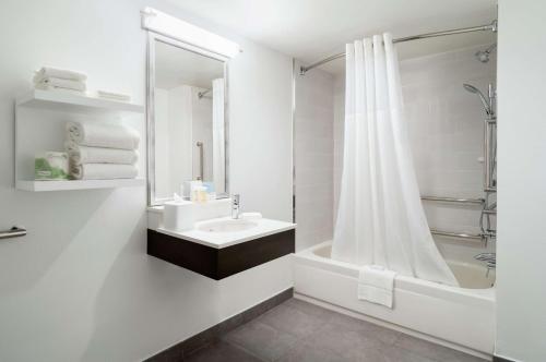 纽约曼哈顿切尔西汉普顿旅馆的白色的浴室设有水槽和淋浴。