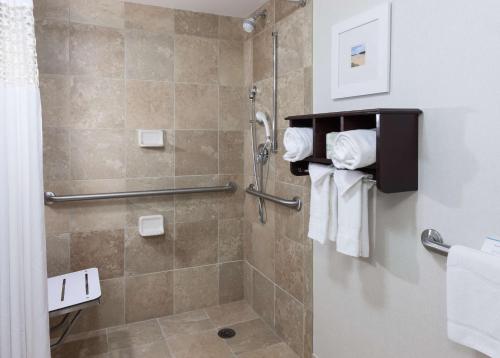 奥马哈奥马哈市中心汉普顿套房酒店的一间带淋浴间和毛巾的浴室