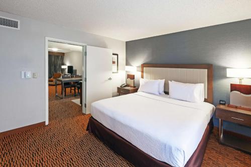达拉斯Embassy Suites by Hilton Dallas Market Center的酒店客房设有一张大床和一张书桌。