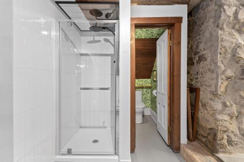 泰勒博恩L'Artisan - Vieux-Terrebonne的一间带卫生间的浴室内的玻璃淋浴间