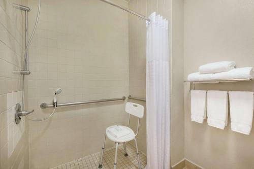 阿林顿达拉斯-阿灵顿希尔顿霍姆伍德套房酒店的带淋浴的浴室,配有凳子