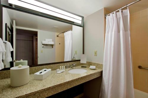 林德赫斯特林德赫斯特梅多兰兹万怡酒店的一间带水槽和镜子的浴室