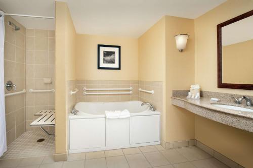 亚基马Hilton Garden Inn Yakima Downtown的带浴缸和盥洗盆的浴室